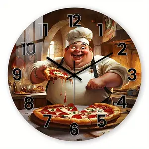 Acrylic Wall Clock, Fantasy Theme Chef Cutting Pizza Design, Perfect for Living Room Kitchen Decor, Ideal Gift for Food Lovers, No Batteries Included