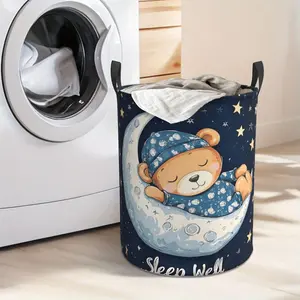 Cute Sleeping Bear on Moon Print Laundry Hamper  Portable Storage Hamper with Sturdy Handle， Oxford Cloth， Easy to Store and Collapsible Design， Laundry Baskets