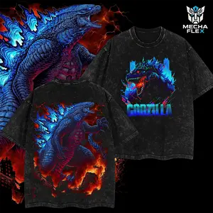 Godzilla Red Flame Of Emperor King Of Monster Monsterverse Kaiju Retro Unisex Vintage Double Printed Heavyweight Cotton Oversized Shirt Wash Tee, Washed Hoodie Workout Clothes, Clothes for Daily Wear