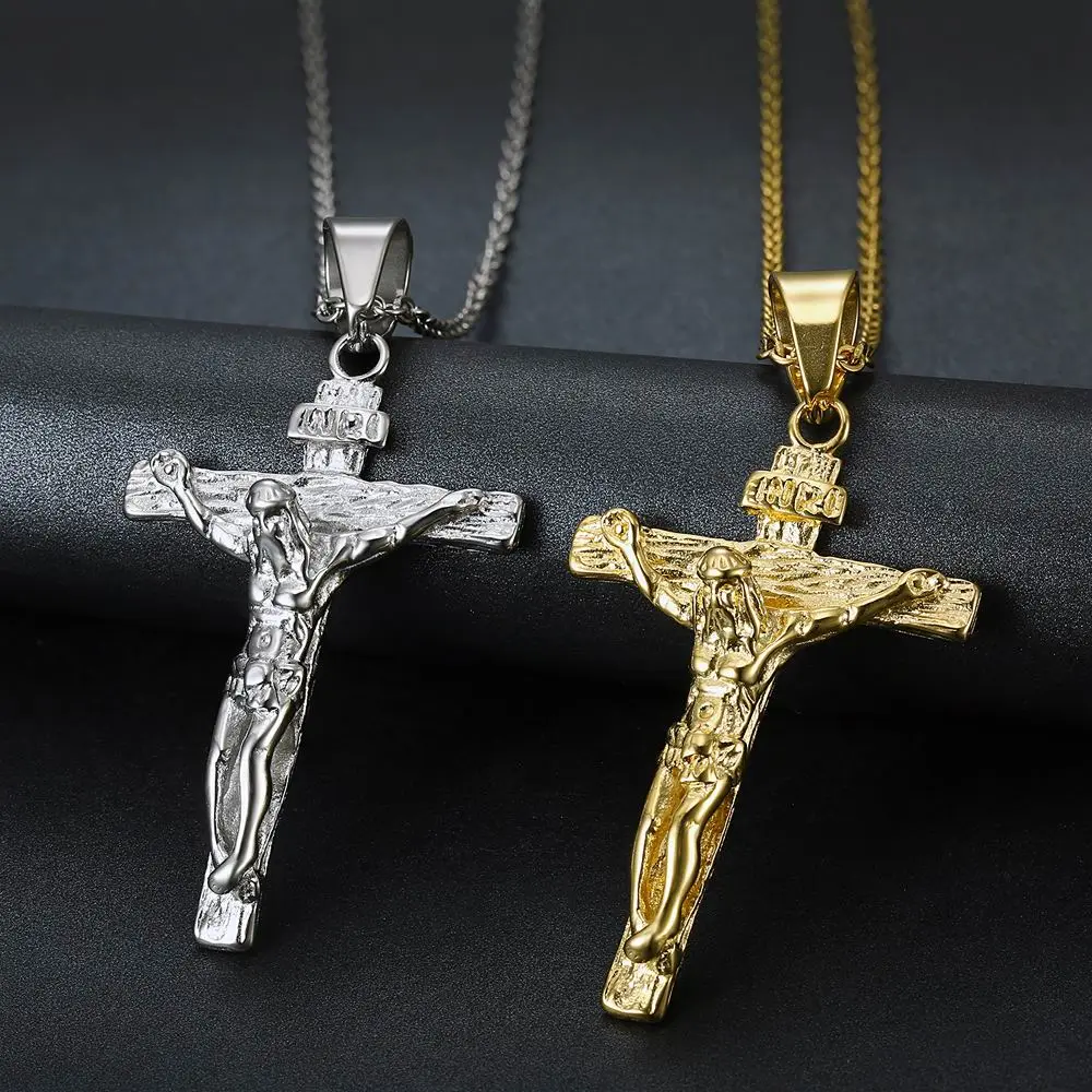 Men's Stainless Steel Jesus Crucifix Necklace - Golden-Silvery Dual-Color Religious Pendant, Cross Emblem, Decorative, Pendant Chain Style Necklace, Crucifix Necklaces, Cross Emblem Necklaces