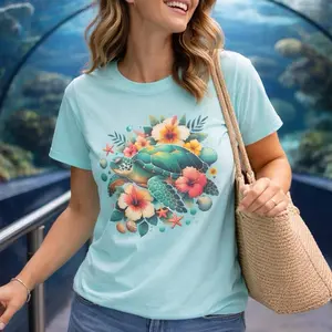 Sea Turtle Floral Print T-Shirt | Tropical Hibiscus Design