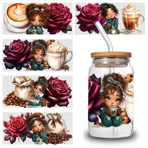 5 Sheets Cute Girl Coffee UV DTF Stickers Cartoon UV DTF Transfer Sticker for Water Cup Glass Bottle Glass Jar, Cup Wrap Sticker, Cartoon Decal, Waterproof Decorative