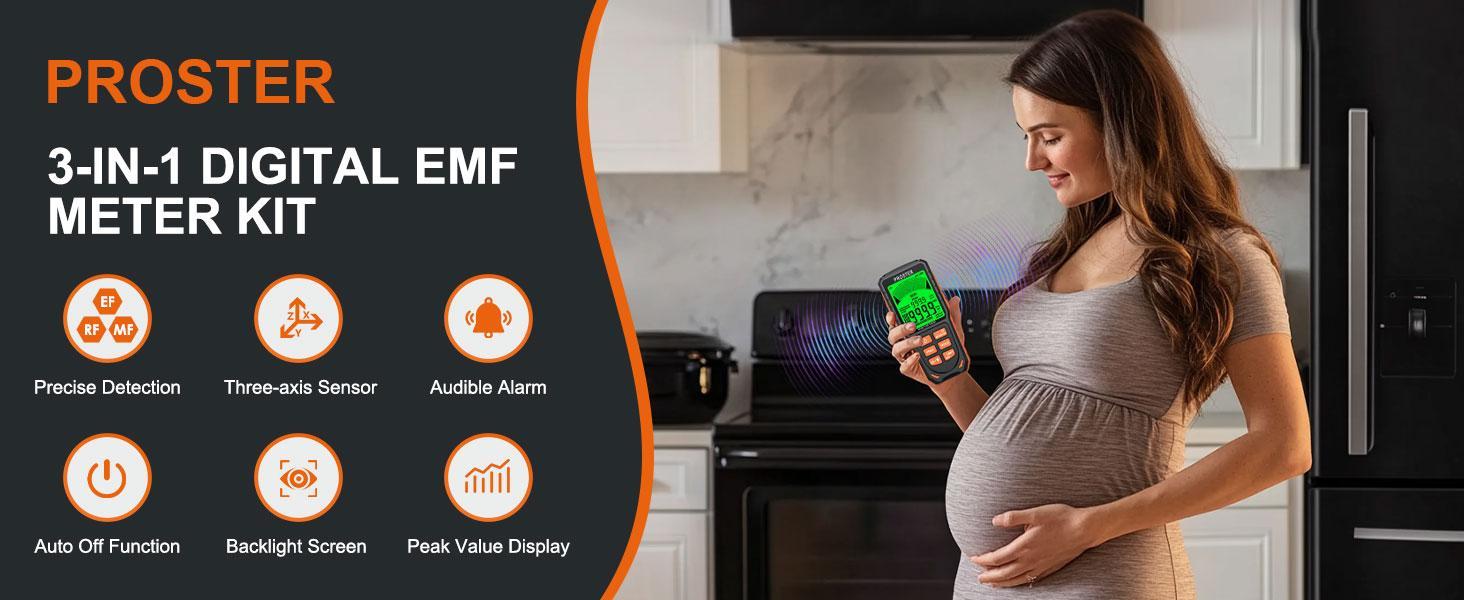 Proster Rechargeable EMF Meter - 3 in 1 Electromagnetic Field Detector for EF RF MF X/Y/Z -Axial Magnetic Field Radiation EMF Detector with 3-Colour Display Screen & Sound Alarm System