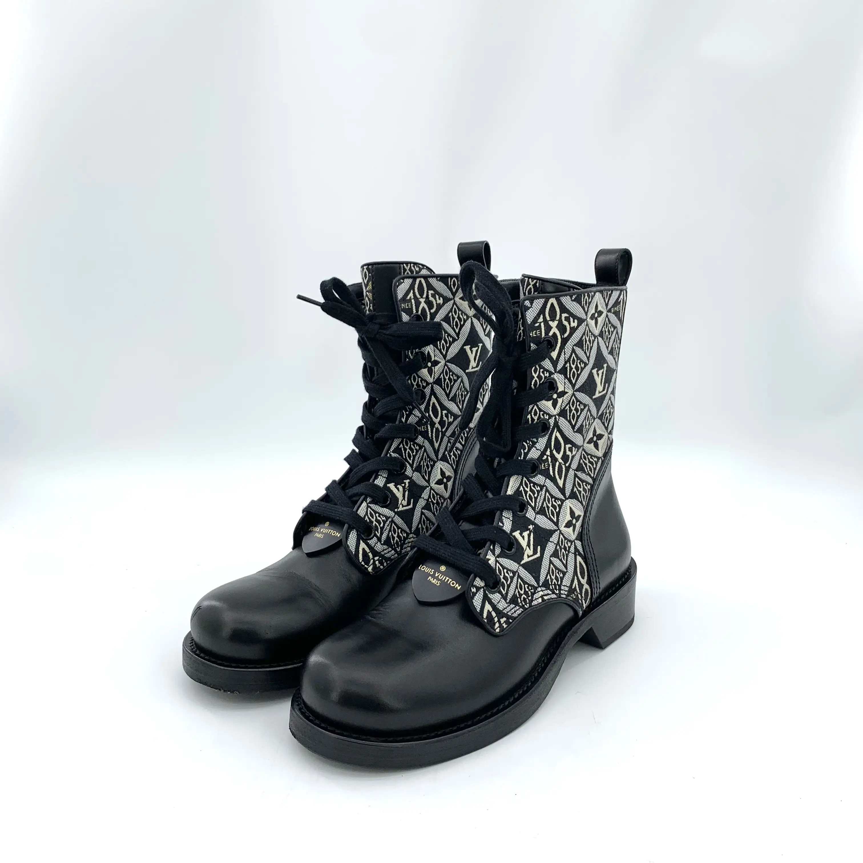 RDLTS— Louis Vuitton Black Monogram Lace-Up Mid-Calf Boots Size US 7.5