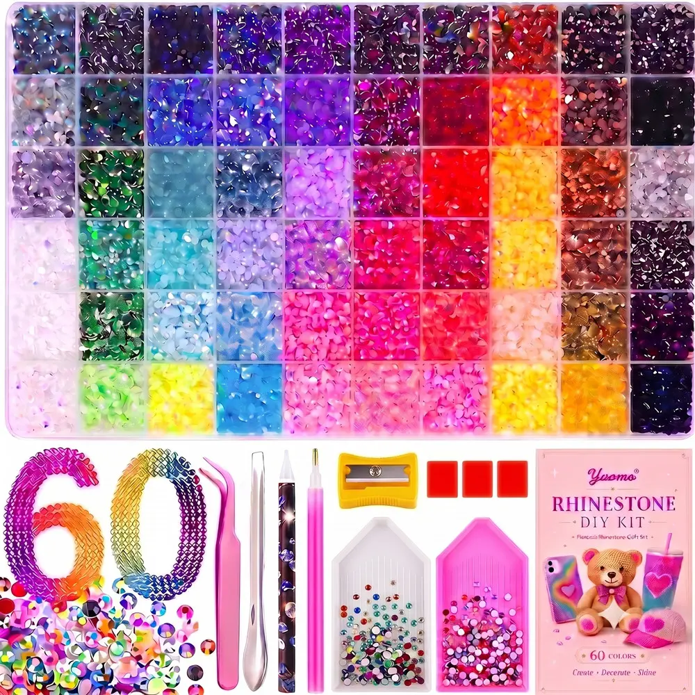 60000Pcs Bedazzling Kit，  Resin Jelly Rhinestones With Tools ，Multicolor 3mm AB Flatback Gems , Bedazzler kit with rhinestones  for Diamond Art  DIY Nails  Christmas And Birthday Gifts