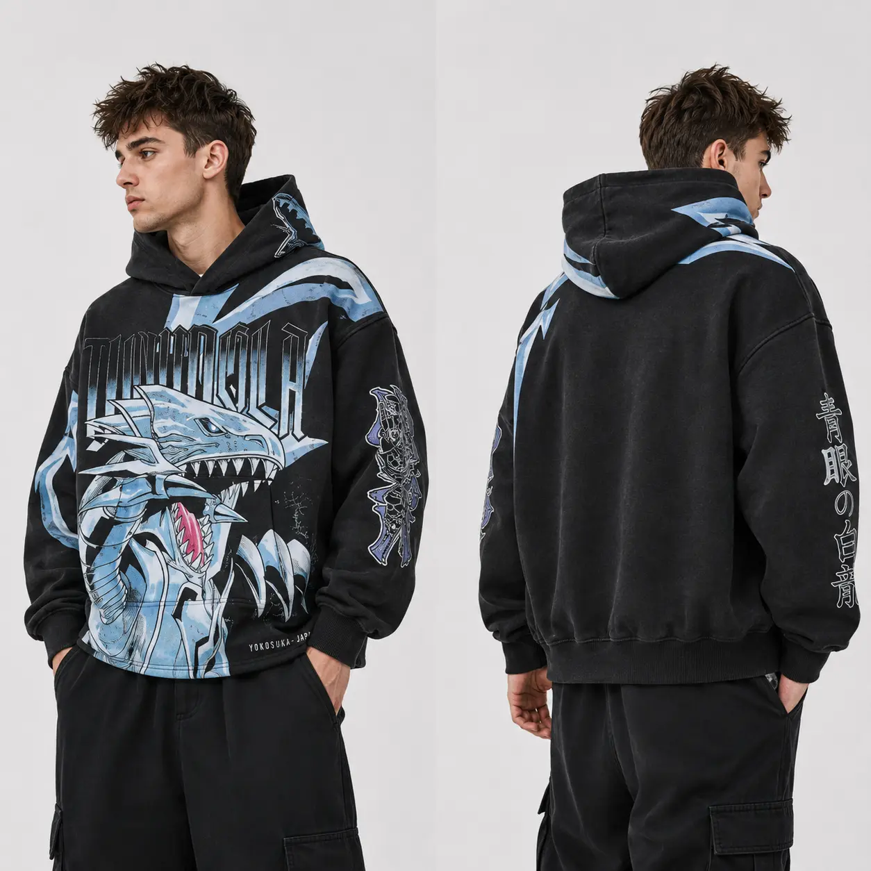 Yla Blue Dragon Inspired Graphic Hoodie, Japanese Streetwear Oversized Hoodie, Vintage Anime Style Pullover Sweatshirt, Unisex Graphic Hooded Jacket, Urban Fashion Gift