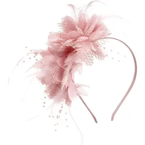 Womens Fascinators Hats Tea Party Hats for Women, Feather Pearl Veil Headband for Wedding Cocktail Dresses Accessories