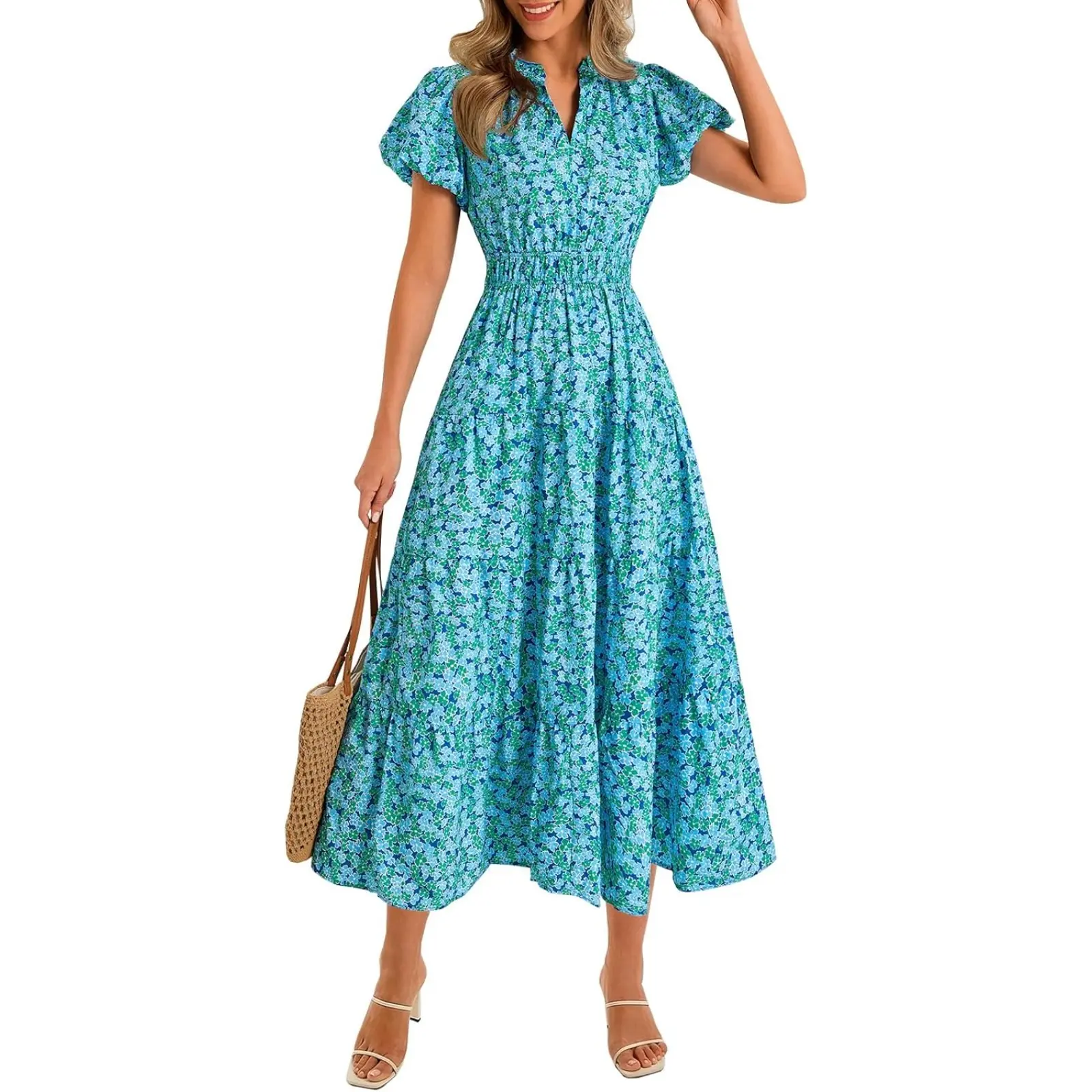 Wenrine Womens Summer Floral Maxi Dress Casual V Neck Puff Short Sleeve Smocked Loose Boho Beach Dresses with Pockets
