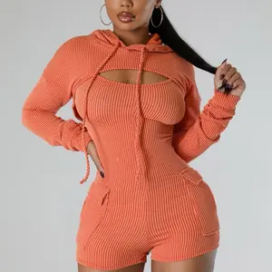 Women orange shorts open back Romper bodysuit detachable cropped sweater hoodie Casual Comfortable