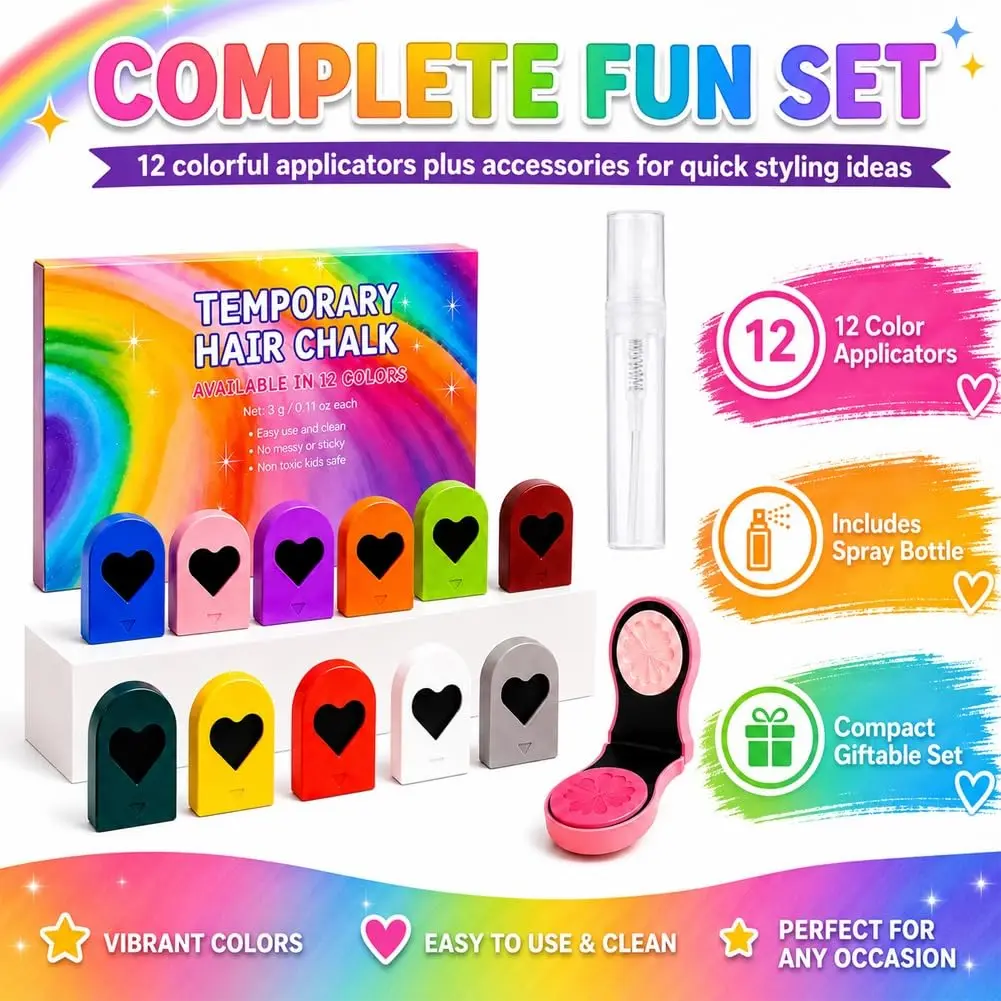 Temporary Hair Chalk Set - 6/12 Colors Washable Powder, Easy Highlighting & DIY Coloring Accessory for Beauty & Personal Care Hair Styling