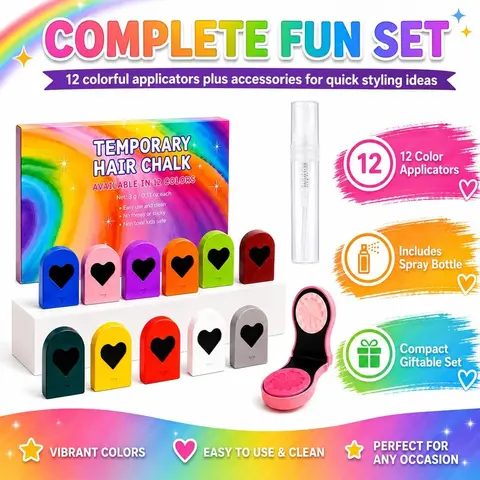 Temporary Hair Chalk Set - All-12pcs Washable Powder, Apply Easily, Safe & Fun Highlighting & DIY Coloring Accessory for Beauty & Personal Care Hair Styling, Events