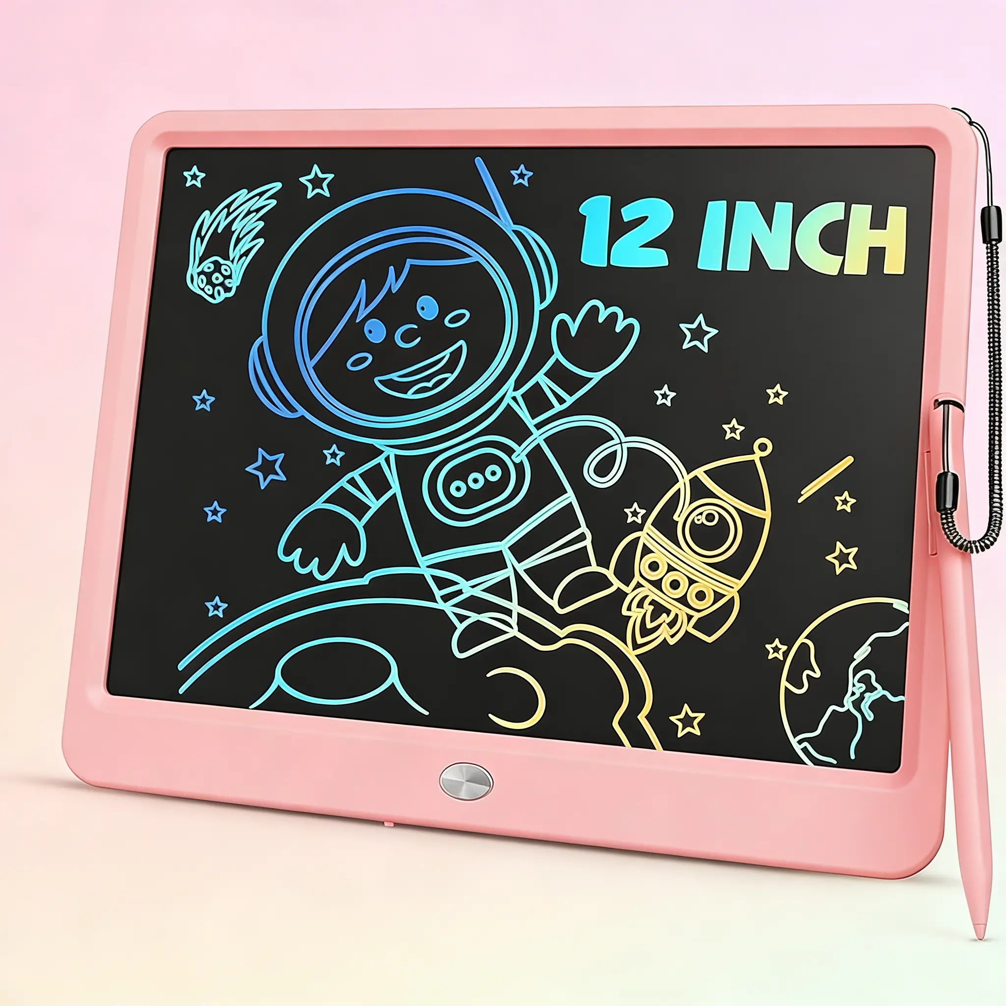 12-Inch LCD Writing Tablet for 3-8 Year Olds, Portable Colorful Doodle & Writing Practice Tablet with Stylus, Lanyard, 150g Erasable Screen Pad, 6-Month Built-In Batteries, Educational Arts & Crafts Toy (Pink)