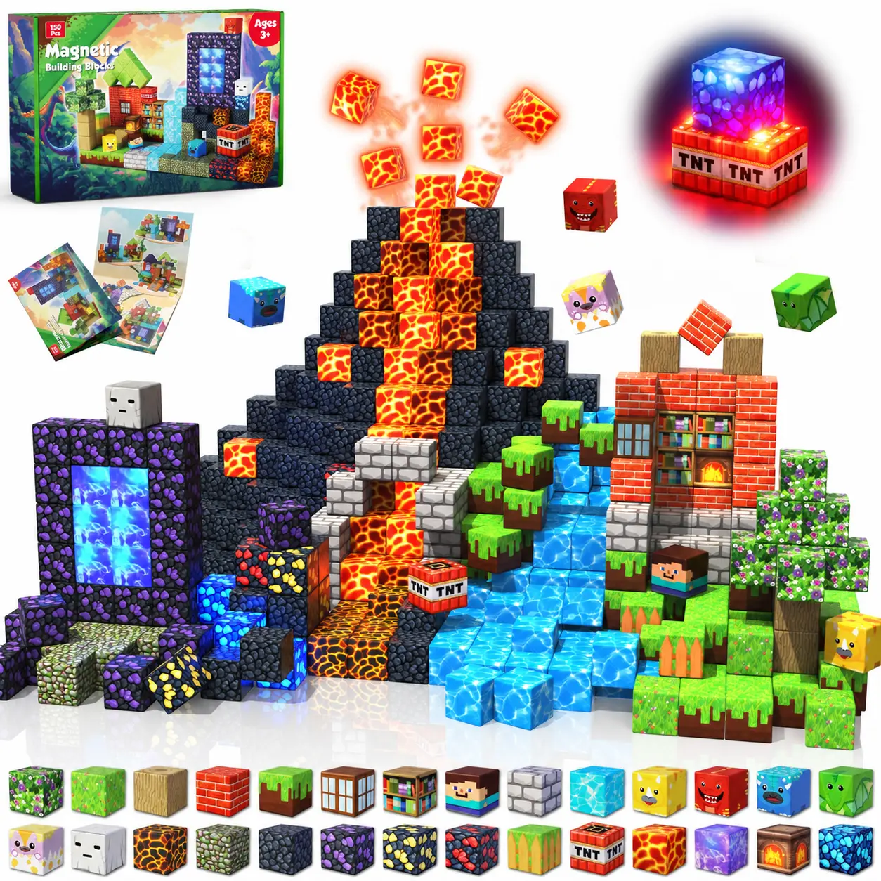 150 PCS Magnetic Blocks with Light Up Blocks - Magnetic Building Blocks, Magnetic Construction Cube Toys, STEM Sensory Learning Toys, Easter Christmas Birthday Gifts for Toddlers Boys and Girls Age 3+