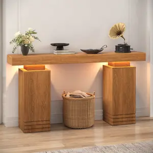 Sikaic 63'' Console Table with LED Light, Long Sofa Table Behind Couch, Fluted Entry Tables, Mid-Century Modern Foyer Stand for Entryway, Hallway, Living Room, Walnut Brown