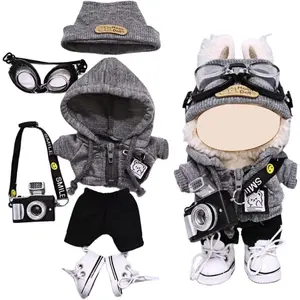 6 Pcs Premium Quality Fabrics Clothes for 15cm/17cm Labubu Dolls, Complete Fashion Set with Top Pants Shoes & Display Accessories doll figurine