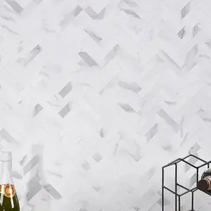 Calacatta LPS White Herringbone Seamless Solid Core Peel & Stick Self Adhesive Marble Look Matte Mosaic Tile