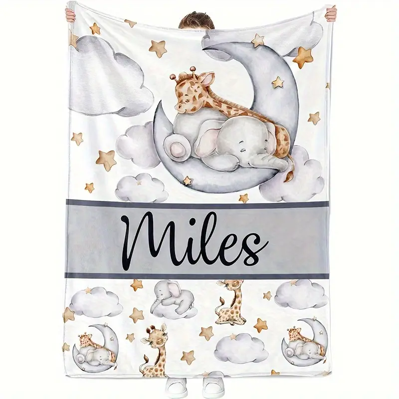 Customizable personalized name blanket, cartoon elephant and giraffe pattern, number knitted shawl suitable for all seasons, multi-purpose suitable for beach, car, sofa, pet, office, modern style, machine washable, polyester, 200-250g square, suitable as