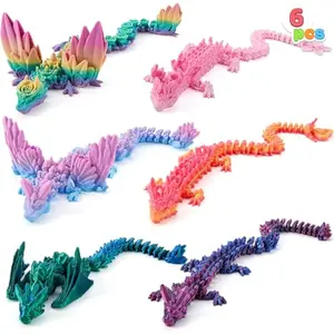 6 Pcs 12" Large 3D Printed Dragon Fidget Toys, 6 Styles Articulated Crystal Dragon with Wings in Gradient Colors, Big Flexible 3D Printed Animals for Executive Desk Decor