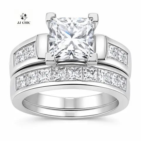 JJ CHIC Two-Piece Square Ring Set for Women Princess Cut Deluxe CZ Ring Ideal for Engagement Wedding Personal Statement Jewelry or Gift Micro Pave Cubic Zirconia Stones