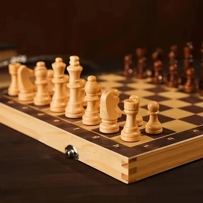 Professional Foldable Wooden Chess Set, Premium Gift Box with Pieces, Portable Desktop Game, Ideal for Checkers and Chess Strategy, 33 Scenarios