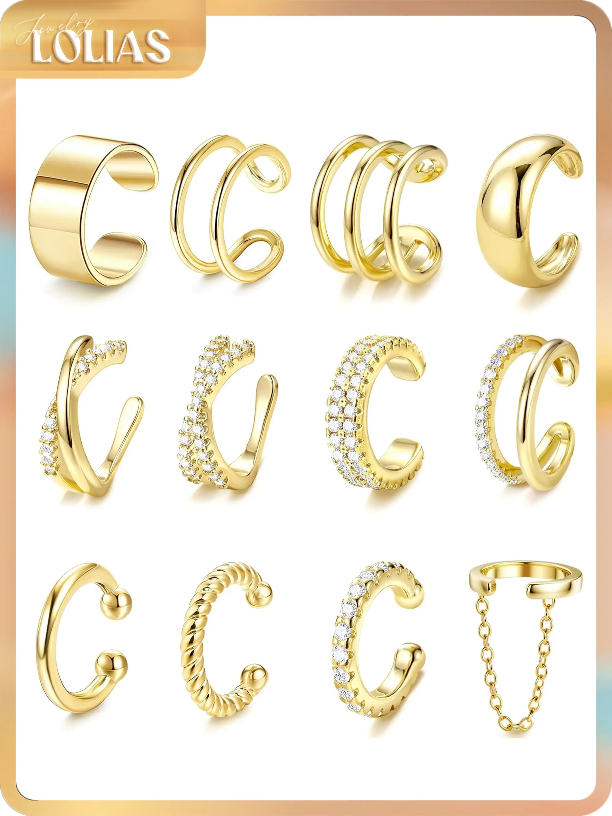 LOLIAS 12Pcs Ear Cuffs Non Piercing - 14K Gold Plated Ear Cuff Earrings for Women Adjustable Earring Cuffs for Non Pierced Ears Clip on Cartilage Earring Fake Earrings Set