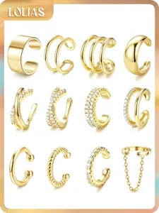 LOLIAS 12Pcs Ear Cuffs Non Piercing - 14K Gold Plated Ear Cuff Earrings for Women Adjustable Earring Cuffs for Non Pierced Ears Clip on Cartilage Earring Fake Earrings Set