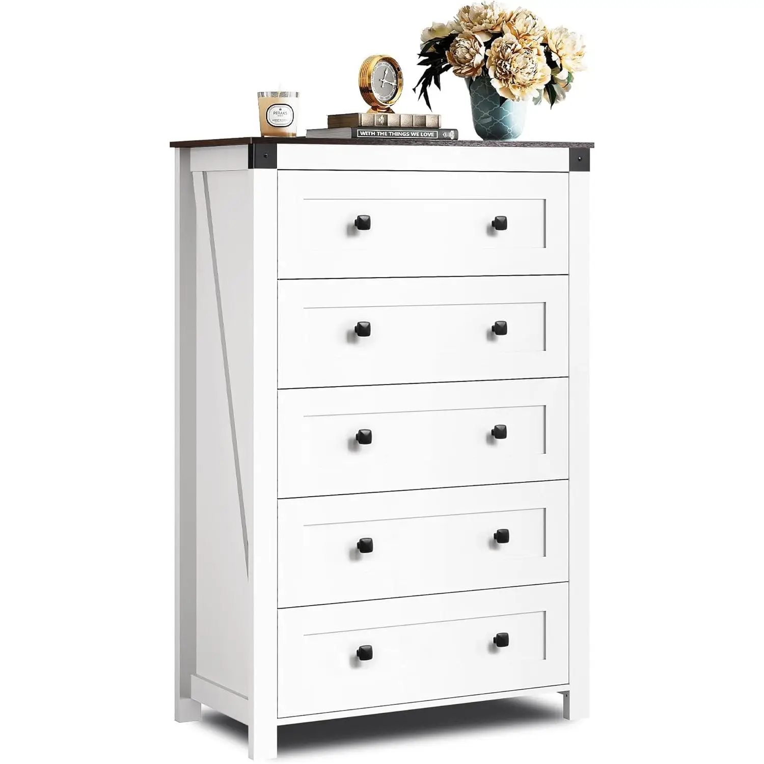 WLIVE Farmhouse White Dresser for Bedroom, 5 Drawer Dresser Storage Organizer, Tall Wood Dresser with Double Rustic Handle, Chest of Drawers for Livin