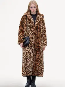 Trendy Faux Fur Leopard Print Long Sleeve Coat, Stylish Collared Outerwear for Fall & Winter, Comfortable Streetwear for Commuting