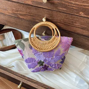 Sequin straw bag with a high-end feel, niche embroidered bag, elegant ladies' textured linen bamboo woven handbag