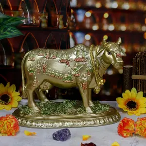 Hindu God Kamadhenu Cow Statue - Hinduism Sacred Wish-Fulfilling Cow Figurine for Home Mandir Puja Item Temple Altar Pooja Statue Diwali Gifts for Indian Friends Man Woman