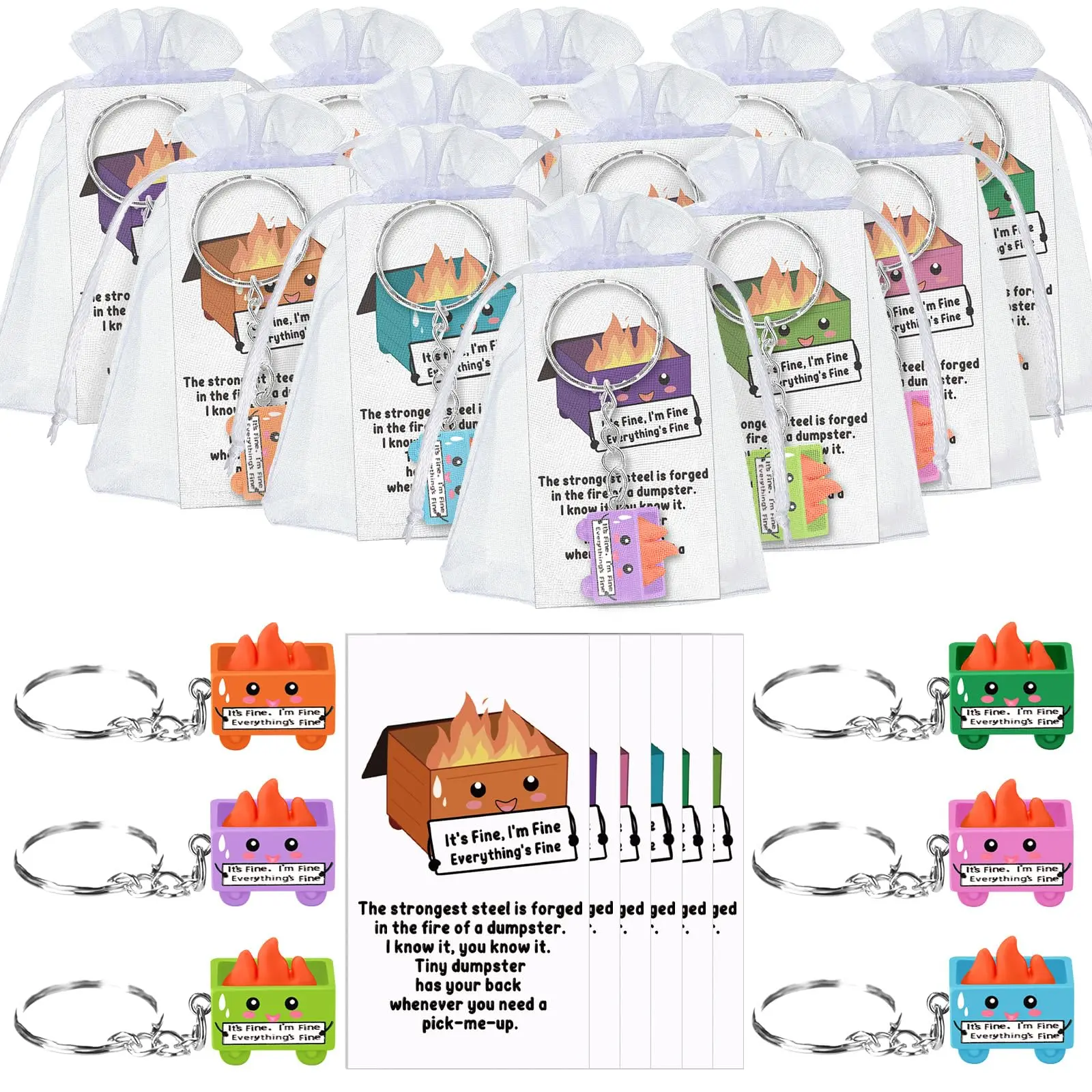 Dumpster Fire Keychains Set Humorous Nurse Teacher Appreciation Gifts, Emotional Support Glow in Dark Resin Keychain with Affirmation Cards and Bags Gift Set for Employee Administrative IT Service Industry Workers Coworker Student