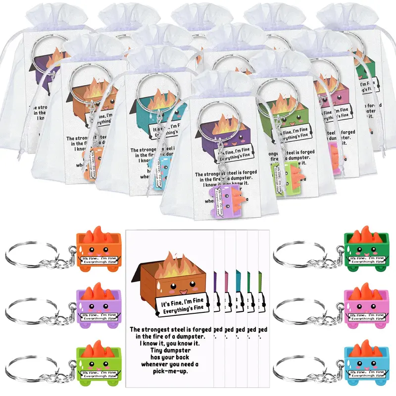 Dumpster Fire Keychains Set Humorous Nurse Teacher Employee Gifts, Emotional Support Glow in Dark Resin Keychain with Affirmation Cards and Bags Gift Set for Administrative IT Service Industry Workers Coworker Student