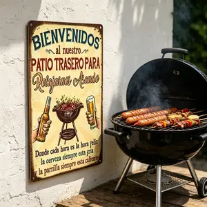 Vintage Spanish Bienvenidos BBQ Patio Tin Sign, 8x12 Inch Retro Welcome Metal Plaque, Weatherproof Outdoor Backyard Wall Decor, Perfect for Garden Kitchen Cafe Bar, Ideal Gift for BBQ Enthusiasts and Grill Lovers