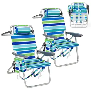 [Memorial Day] Set of 2 Portable Beach Chair for Adults, Outdoor Camping Chair Lay Flat Folding Backpack Beach Reclining tanning Chair with 5 Positions, Headrest, Cup Holder, Beach Style