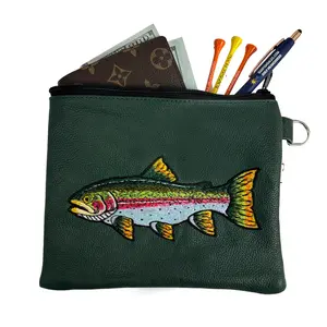 Hand Embroidered Rainbow Trout Genuine Leather Valuables Pouch