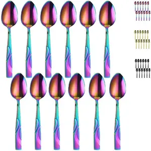 Rainbow Teaspoon Set of 12, 6.5 Inch Stainless Steel Dessert Spoons with Sanded Handle Design, Dishwasher Safe