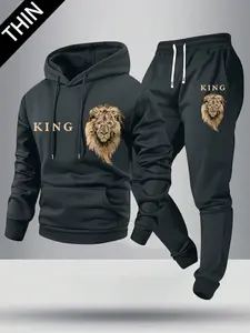 Men's spring and autumn thin King letter print pattern hoodie and sweatpants set, stylish casual men's clothing with pockets, street sports elastic waist drawstring long pants two-piece set, suitable for cool weather and a great gift for men
