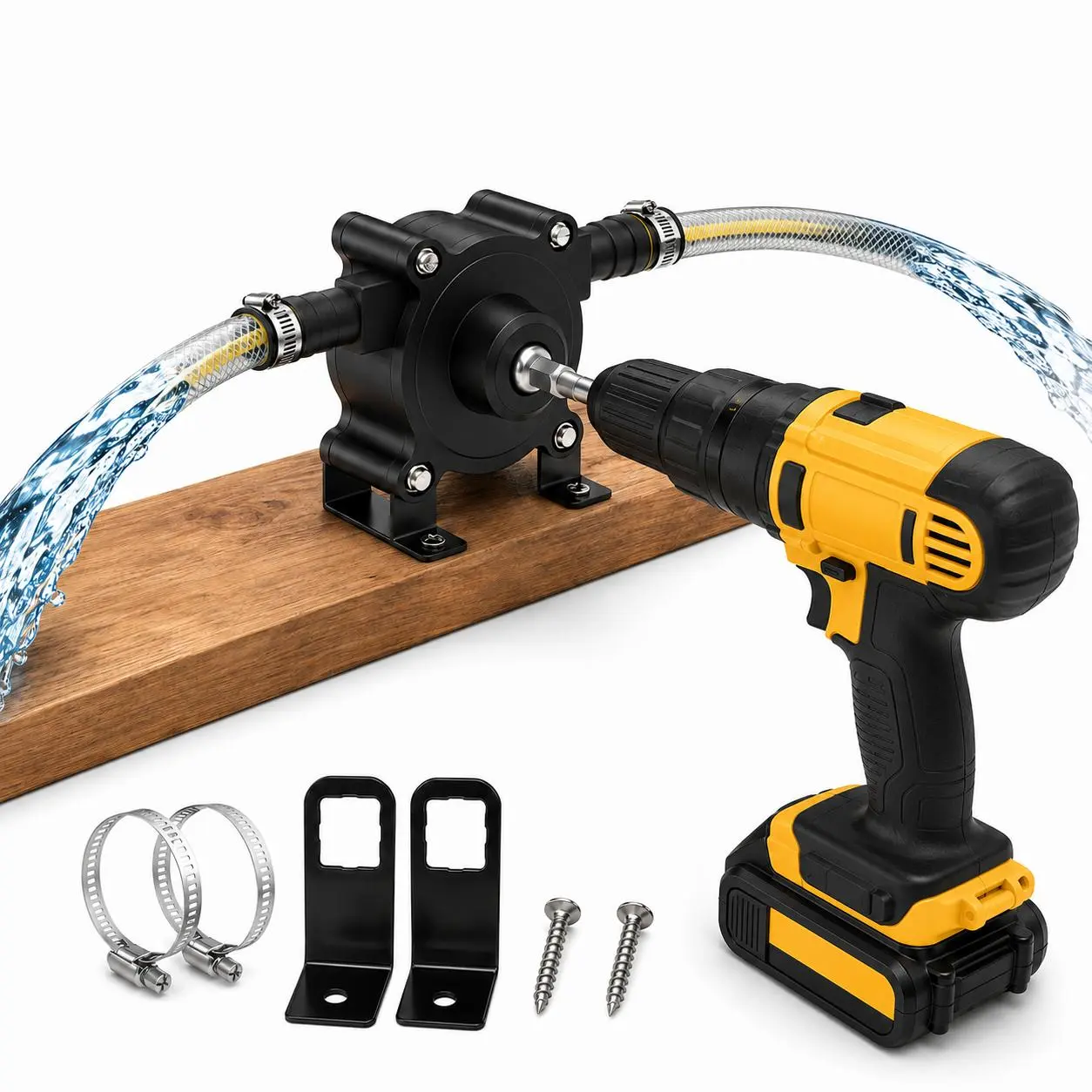 High-Flow Electric Drill Pump – Transfers Water, Oil, Diesel & Gasoline Up to 1.5X Faster. Self-Priming Portable Pump Attaches to Most Drills for Emergency Draining, Fuel Transfer & Flood Prevention. Complete Kit with Hoses & Stainless Steel Clamps