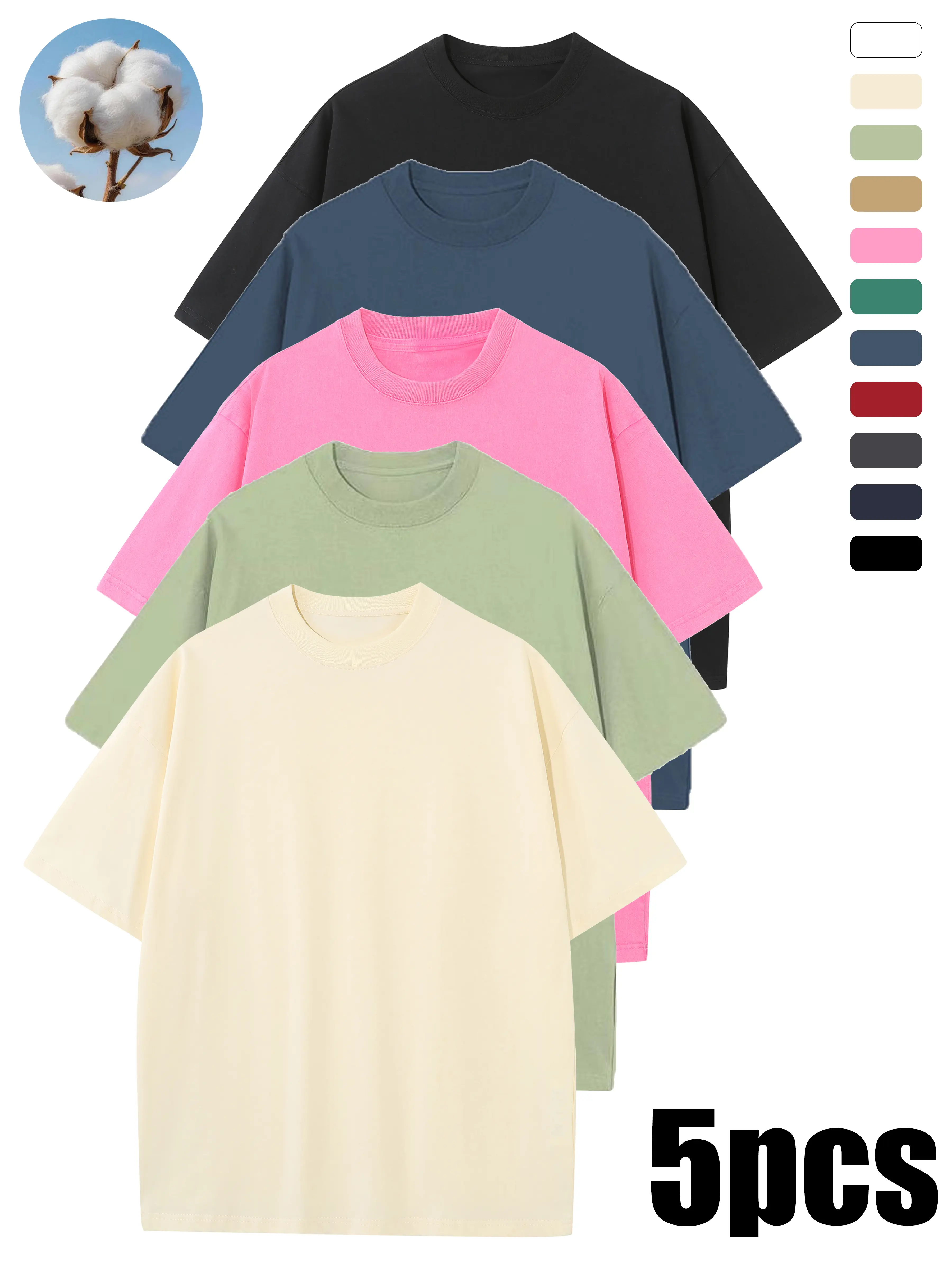 Men’s pure cotton crew-neck short-sleeve T-shirt, loose drop-shoulder solid-color basic top suitable for everyday street casual wear in summer, multiple solid colors available.