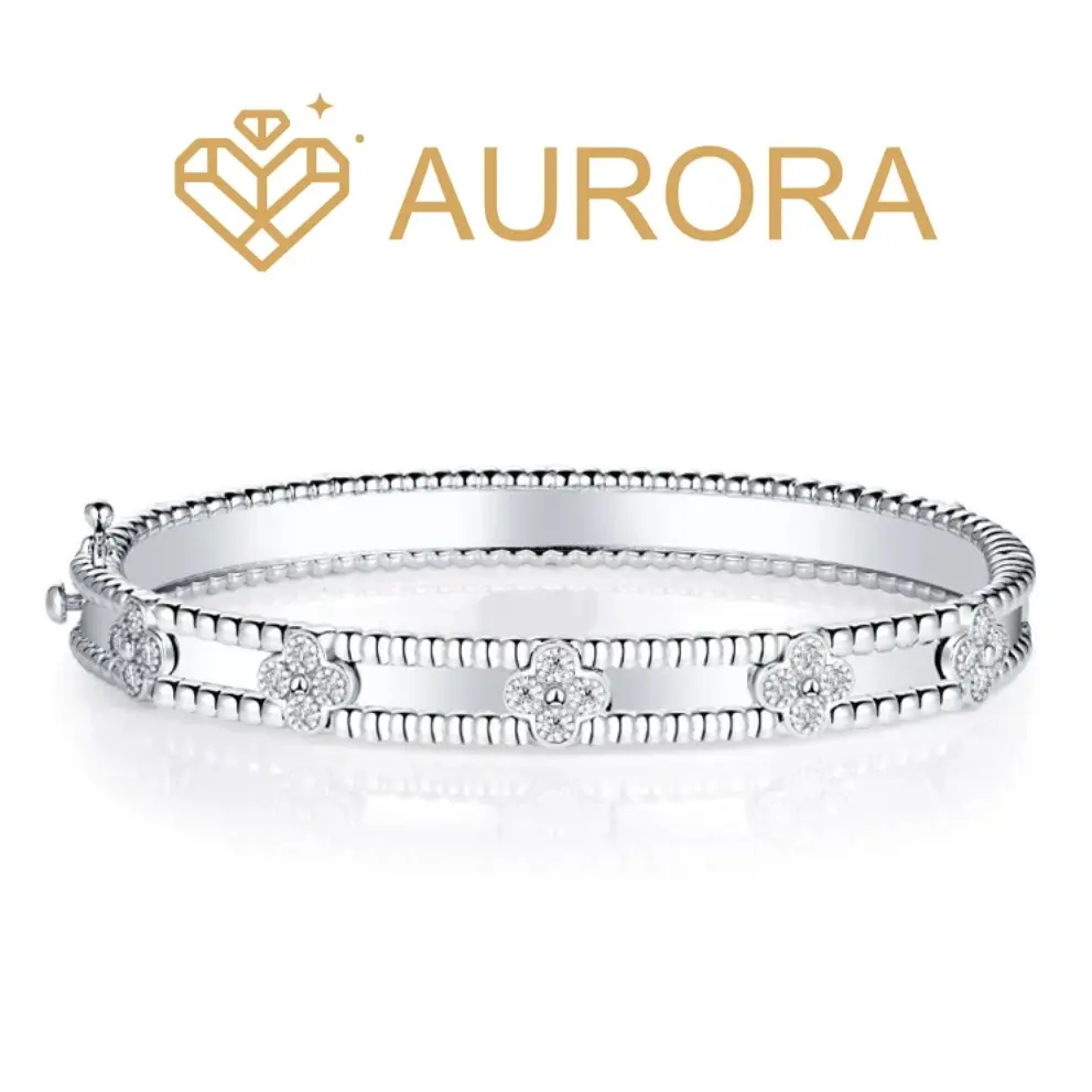 【#187 Clover Bangle】Round VVS1 Moissanite Bracelet, S925 Sterling Silver High-Quality Jewelry, Ideal Anniversary Birthday Gift for Adults