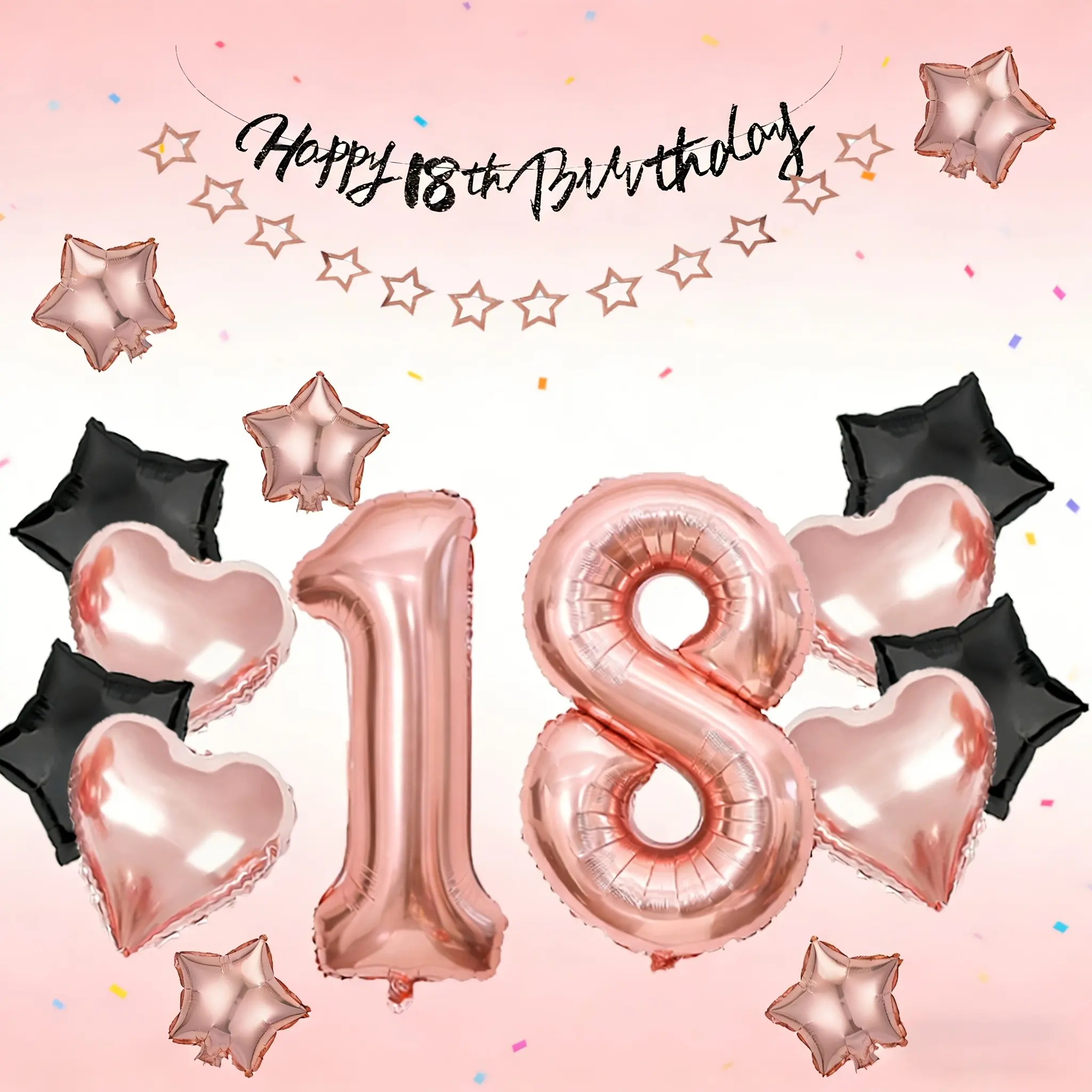 19-Piece Rose Gold 18th Birthday Decoration Set, Includes Banner, Heart Shaped Balloons, Party Supplies, Perfect for Girl's 18th Birthday Party, Party Balloons Decorations