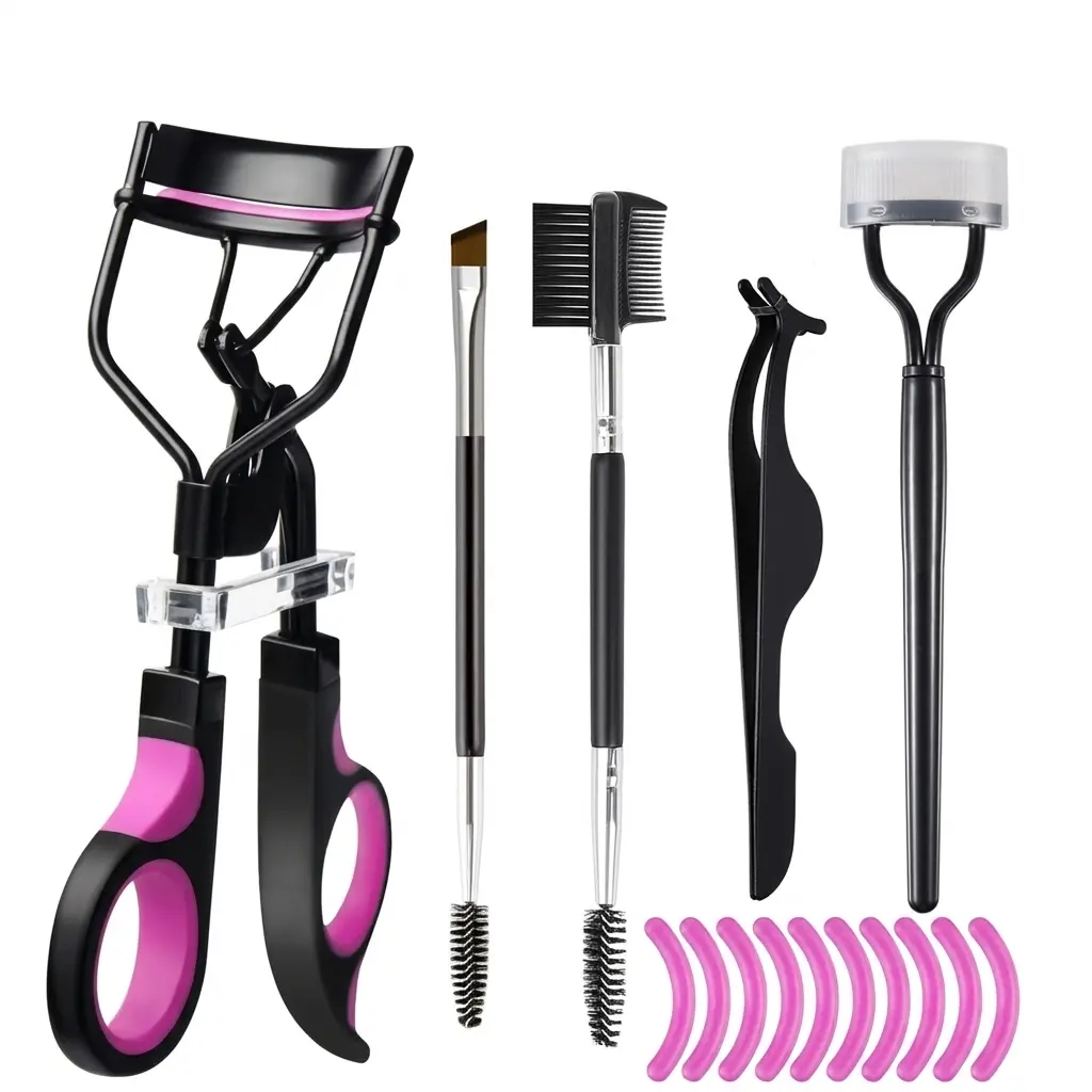 Eyelash Curlers Eyebrow Brush Kit for Women with Lash Curler, Eyelash Comb Seperator, Mascara Brushes, Eyelash Extension Tweezers, Angled Eyebrow Brush and Comb, 10 Silicone Refills Pads for Lash & Brow