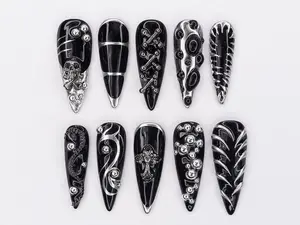 Dark Gothic Chic Press On Nails | Cool Goth Edgy Skull and Bones Design | Black and Silver Skull Nail Art | Perfect for Halloween