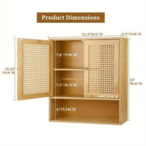 Bathroom Storage Bamboo Cabinet Wall Mount, Rattan Medicine Cabinet With Shelves And Doors, Wall Cabinet Above Toilet Storage Towel Shelves, Storage Organizer For Laundry Room Kitchen Living Room