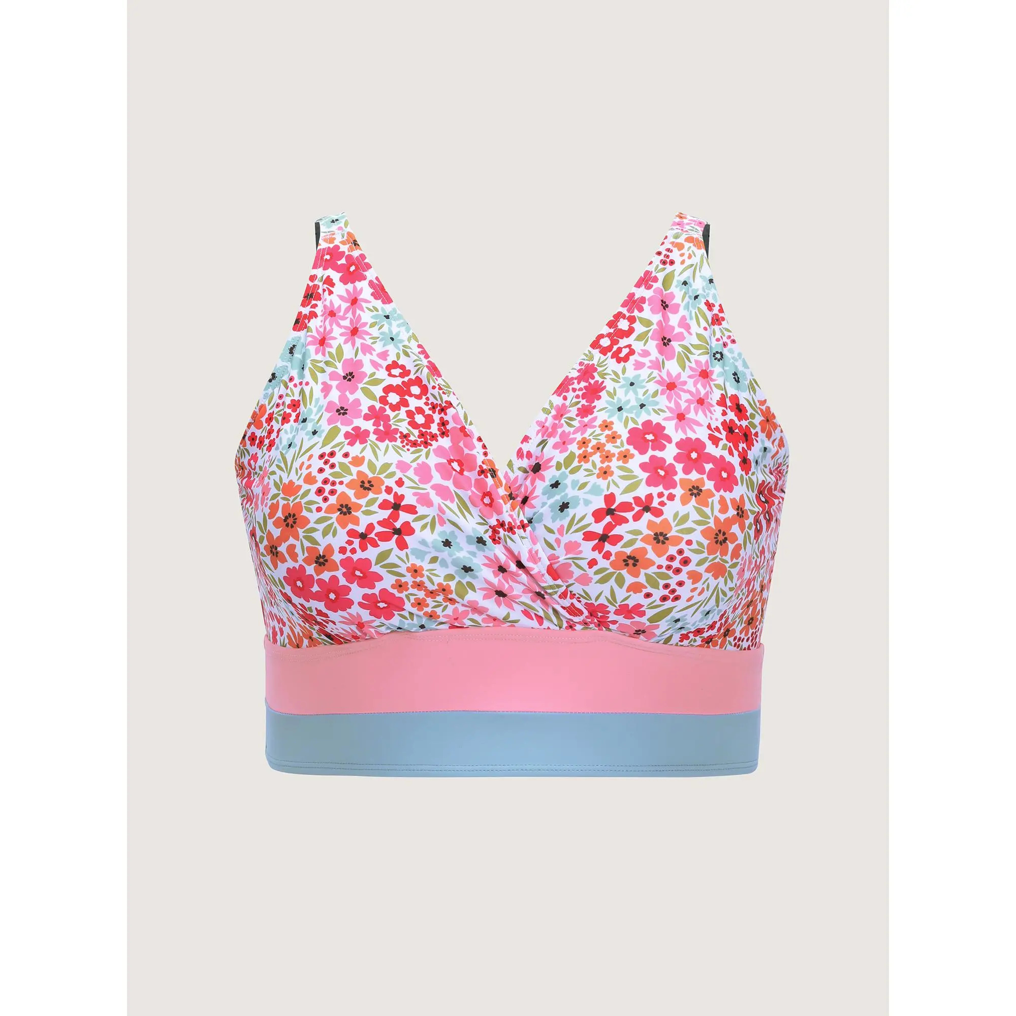 Women's Plus Size Bikini Top, Colorful Ditsy Floral Surplice Neck Swimwear, Padded High Stretch with Adaptive-Fit, Flower Print Bikini, High Stretch Swimwear, Nylon, Floral Print, Chest Padding, Beach Swimsuit, Padded Chest, Cold Wash, Machine Washable