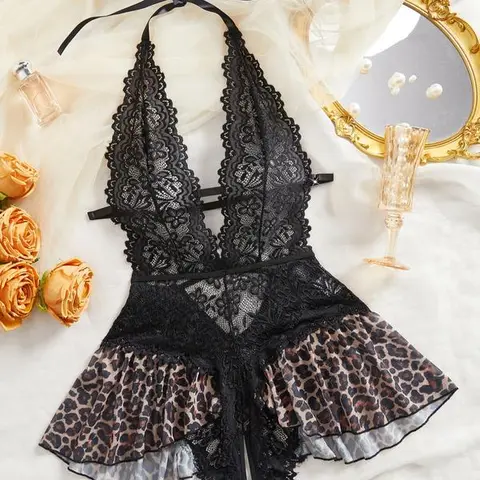 AgeRose Women's Chic Fitted Sheer Lingerie Bodysuit - Strapless, Deep V-Neck, Floral Patchwork, Elastic, Wireless, High-Stretch, Soft Support, Acrylic-Polyester, 1-Piece Sleepwear, Valentine's Day Gift (Do Not Dry Clean)