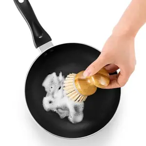 Round Mini Palm Pot Brush Bamboo Dishs Scrub Brushes Kitchen Wooden Cleaning Scrubbers Home Cleaning Tool for Wash Pans Vegetables Washing