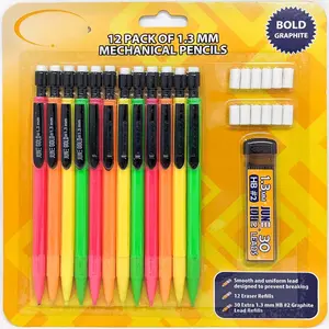 12 Mechanical Pencils, 1.3 mm HB #2 Lead, 1 Dispenser/w 30 Graphite Refills & 12 Refill Erasers, Break Resistant Lead, Hexagon Barrel
