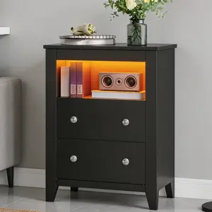 Black Nightstand with Pull-out Tray, 2 Drawers & Open Shelf, Modern LED Night Stand with Charging Station & Hidden Compartment for Valuables Storage, Bedside Table End Side Table for Bedroom Living Room