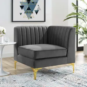 Modway Triumph Channel Tufted Performance Velvet Sectional Sofa Corner Chair in Gray